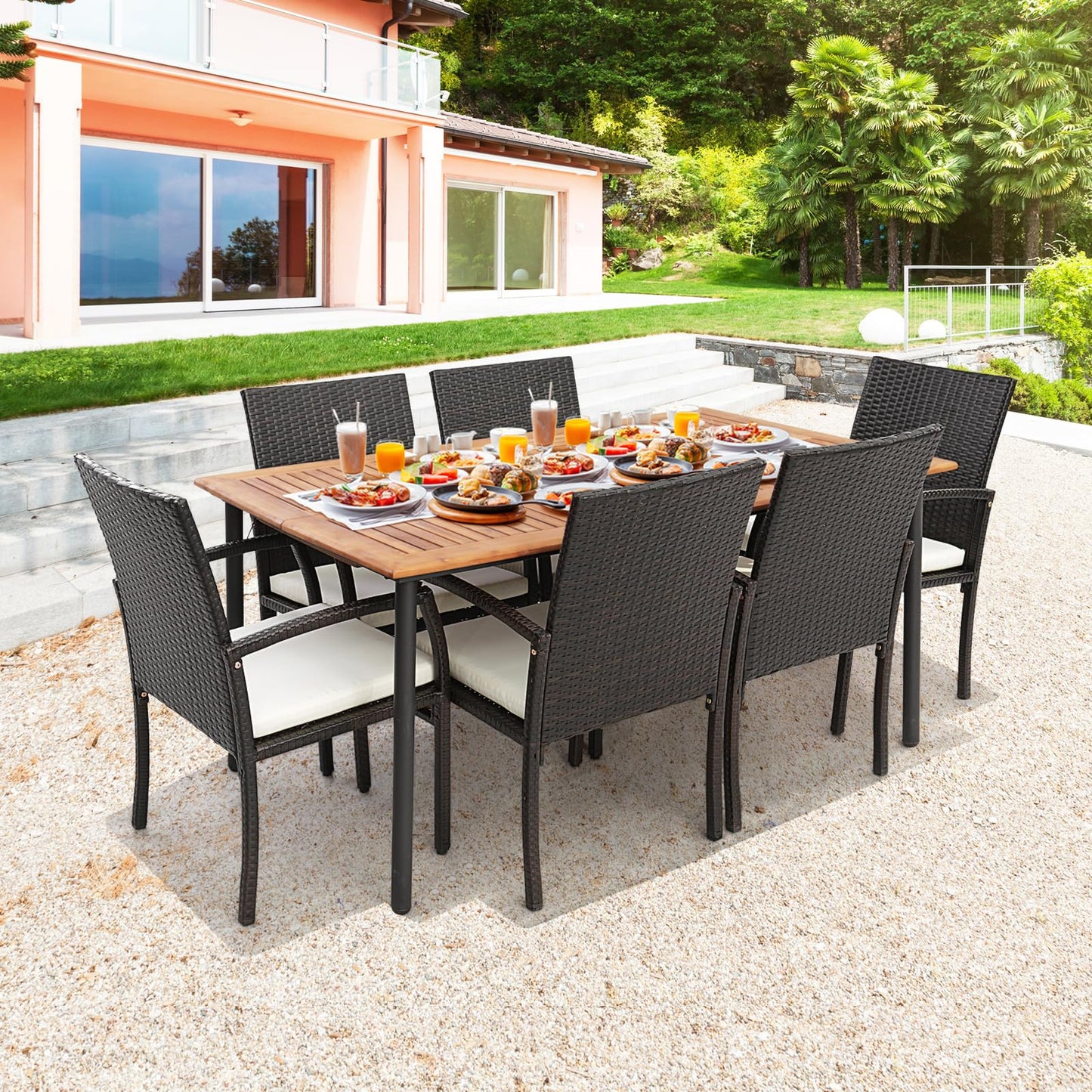 Tangkula Outdoor Dining Set with Acacia Wood Table and Wicker Rattan Armrest Chairs