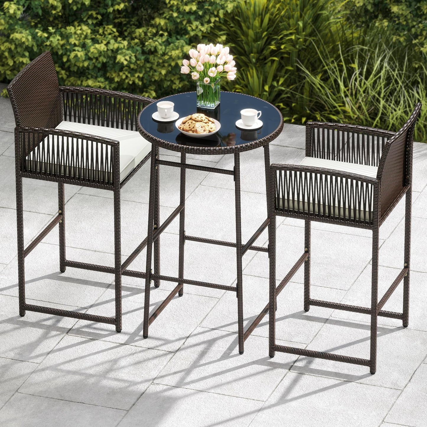 Tangkula Outdoor Wicker Bar Height Glass Top Table & 2 Cushioned Bartools Heavy Duty