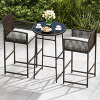 Tangkula Outdoor Wicker Bar Height Glass Top Table & 2 Cushioned Bartools Heavy Duty