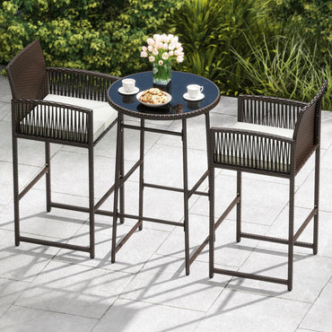 Tangkula Outdoor Wicker Bar Height Glass Top Table & 2 Cushioned Bartools Heavy Duty