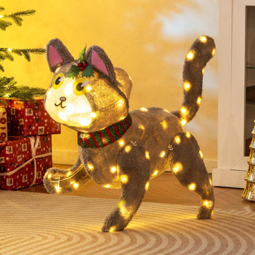 Tangkula 23 Inches Christmas Decoration Pre-lit 88 LED Light Up 3D Cute Cat with Warm White Light and Plug