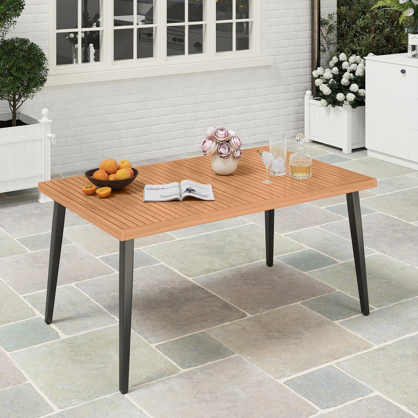 Tangkula 63" Outdoor Indoor Dining Table with Acacia Wood Slatted Tabletop