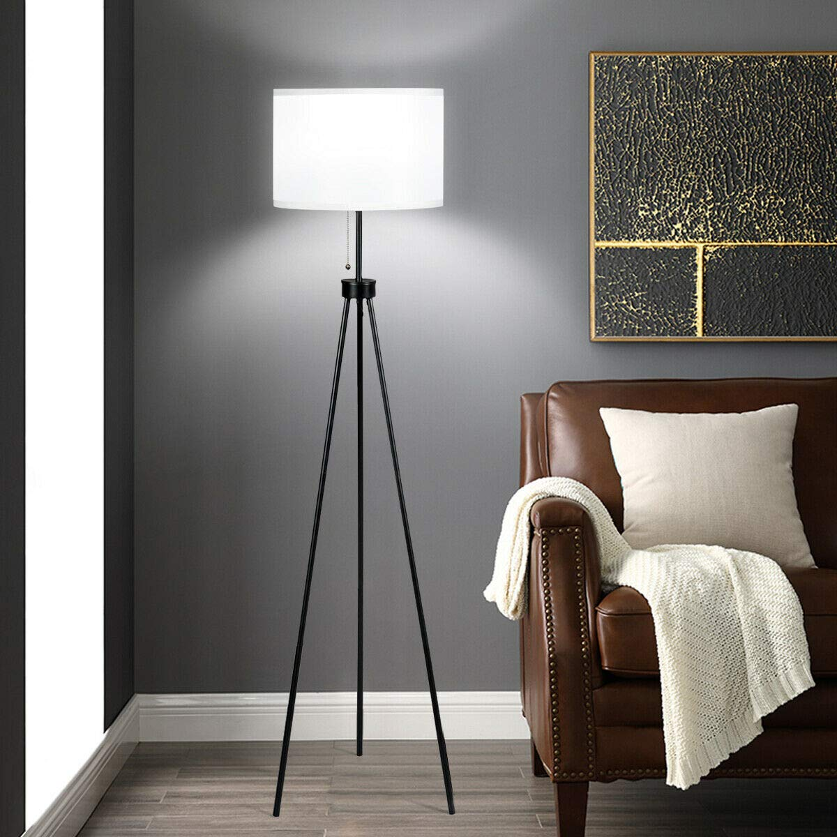 Tangkula 60.5" Metal Tripod Floor Lamp, Contemporary Minimalist Standing Floor Light with Iron Legs