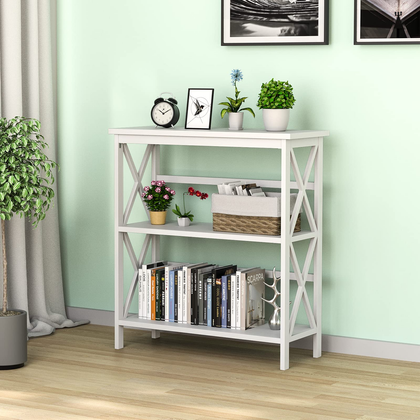 Tangkula 3-Tier Bookshelf, Vintage Wooden Bookcase with X-Style Frame