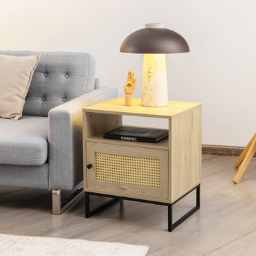 Tangkula Rattan End Table, Indoor Sofa Side Table with Shelf & Rattan Door Cabinet