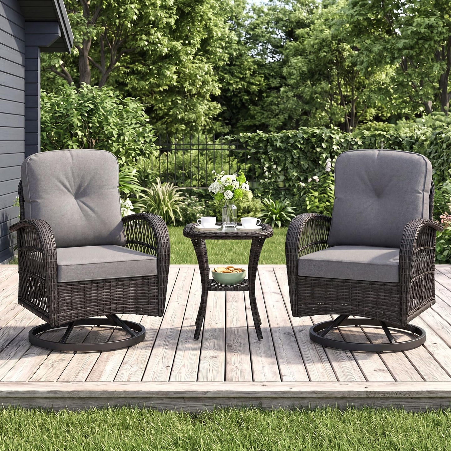 Tangkula 3 Piece Patio Swivel Rocker Set 2 Outdoor Wicker Rocking Chairs