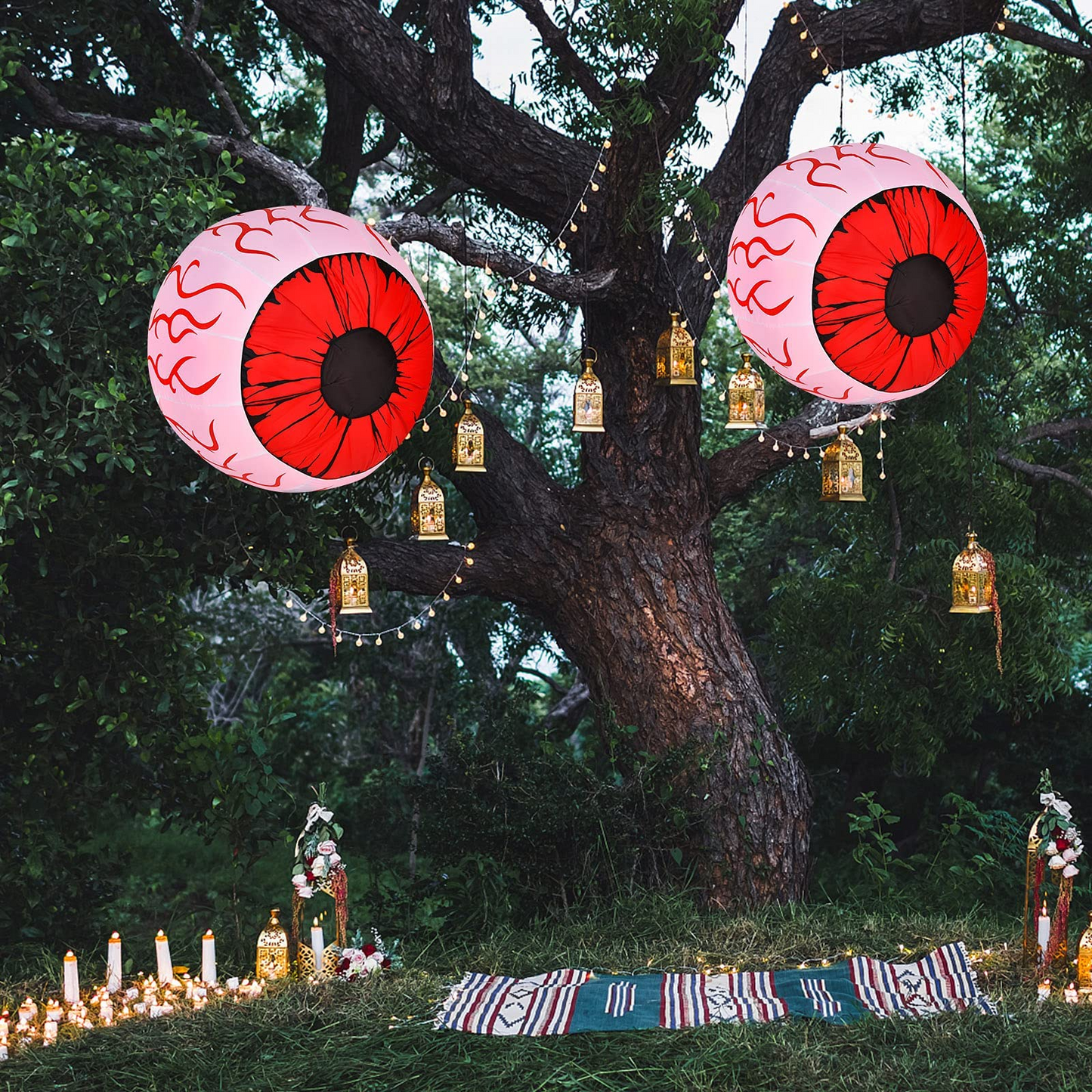 2 Pack 3 FT Halloween Inflatable Huge Eyeballs W/ Air Blower, Red LED Lights