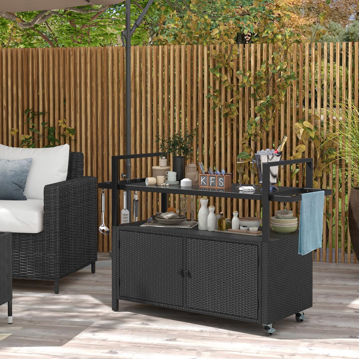 Tangkula Outdoor Bar Cart Patiojoy Rolling Wicker Buffet Serving Cart