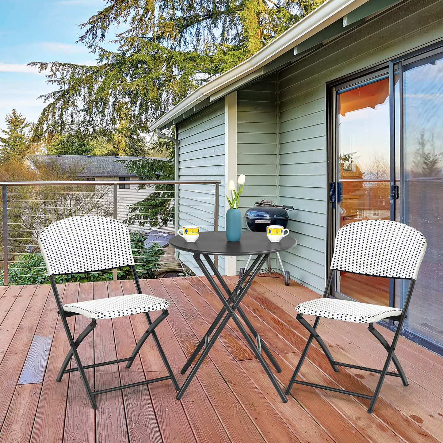 Tangkula 3 Pieces Patio Rattan Bistro Set, Outdoor Folding Dining Furniture Set with Round Dining Table and 2 Chairs