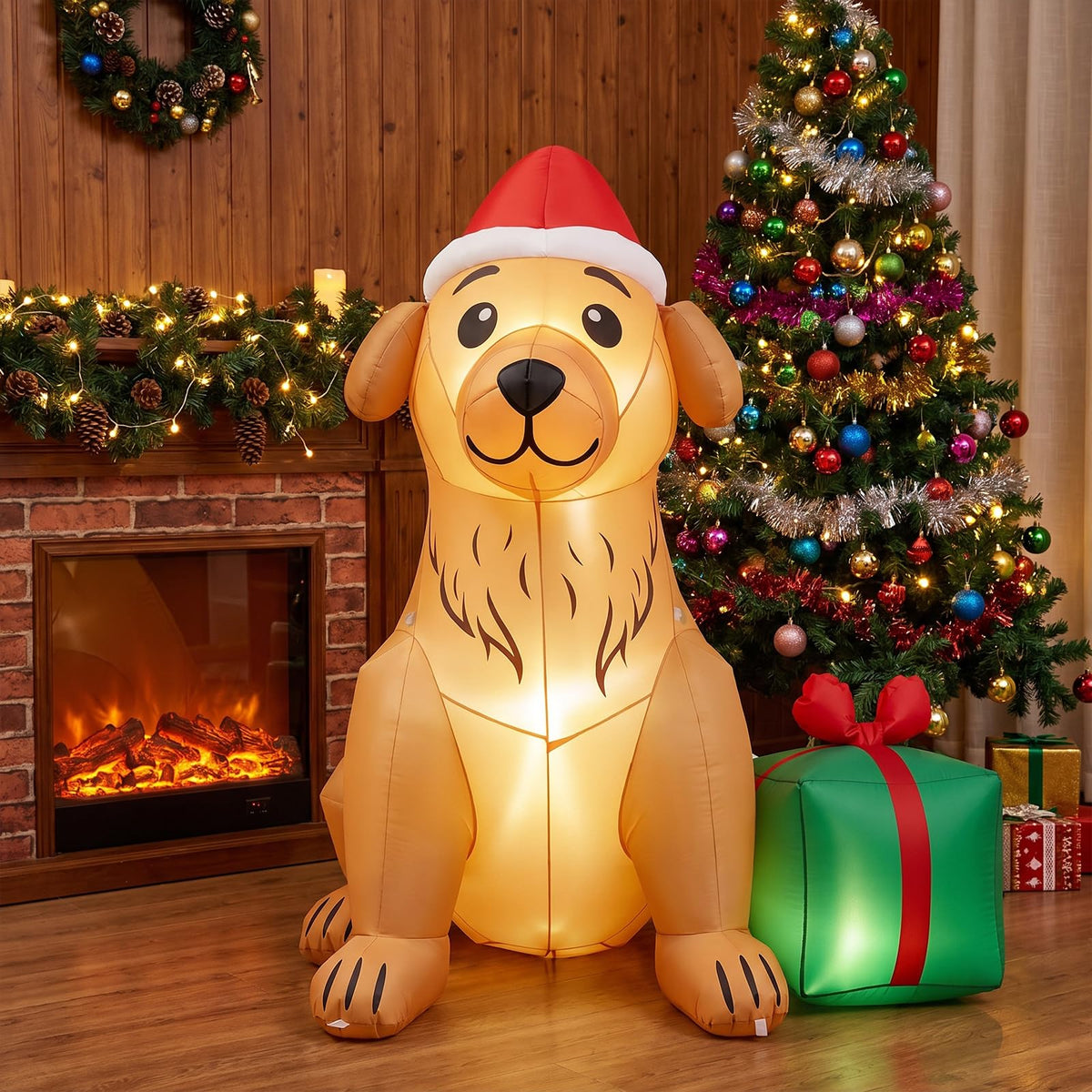 Tangkula 5 FT Christmas Inflatable Golden Retriever Dog with Gift Box