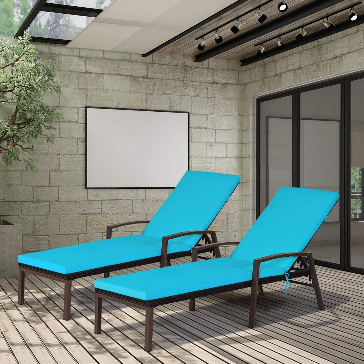 Tangkula Set of 2 Patio Furniture Outdoor Rattan Wicker Lounge Chair Set