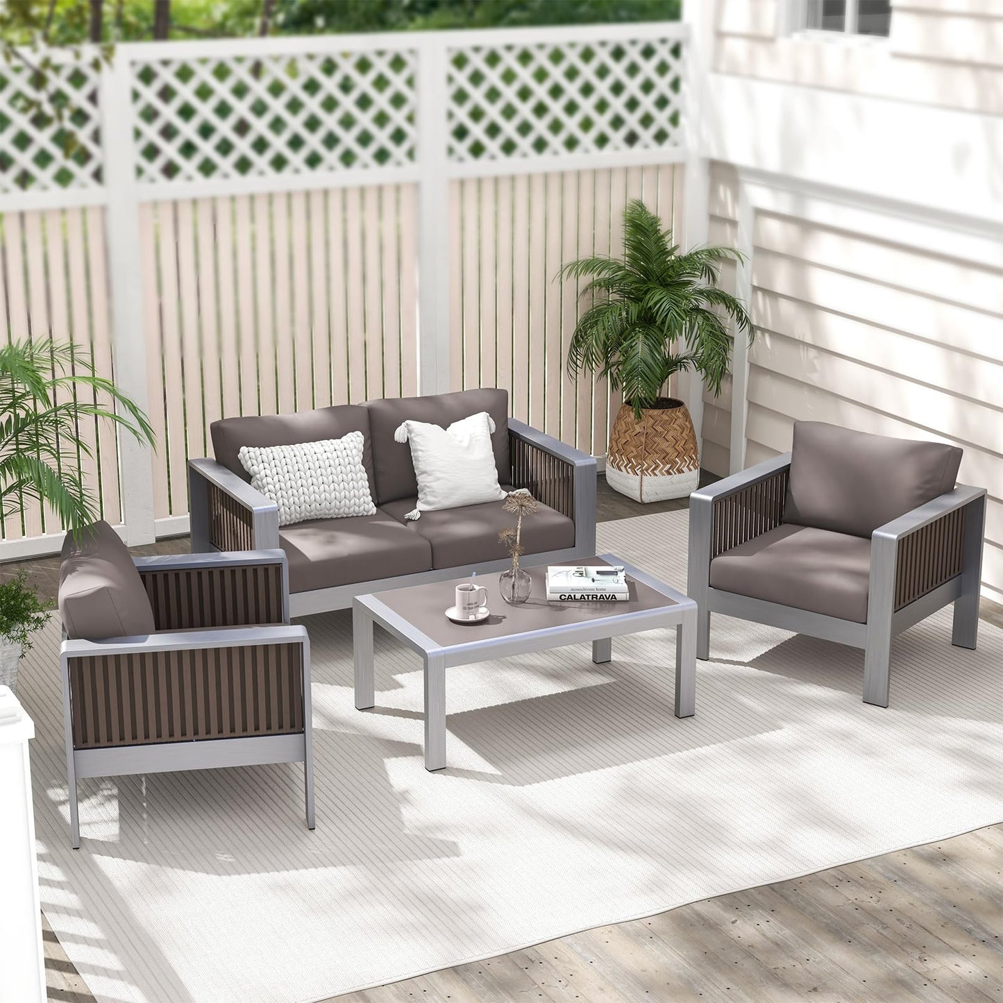 Tangkula Outdoor Rectangle Coffee Table, Aluminum Side Table w/Tempered Glass Tabletop