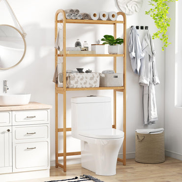 Tangkula Over The Toilet Storage Cabinet 3-Tier Bamboo Toilet Rack with 5-Position Shelves