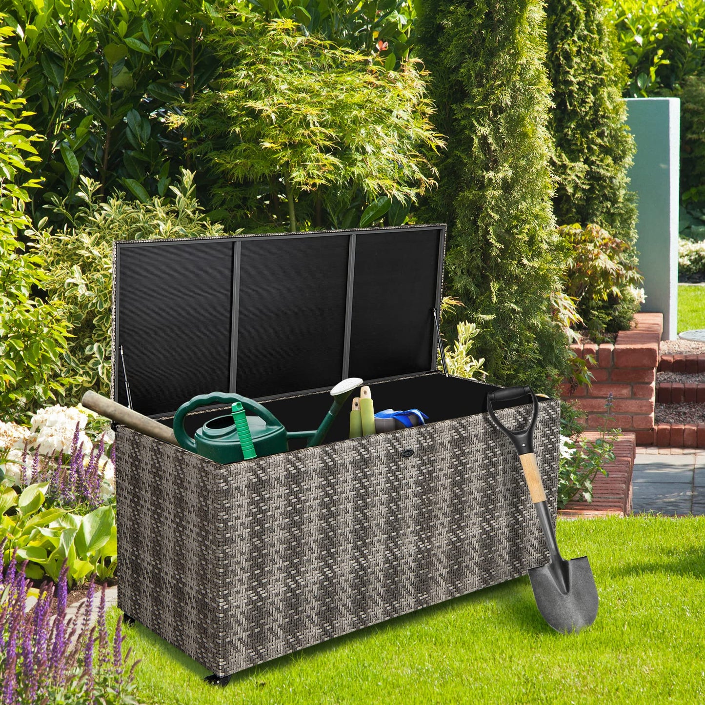 Tangkula 96 Gallon Deck Box, PE Wicker Outdoor Storage Box with 4 Wheels and Waterproof Zippered Liner