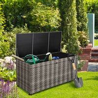 Tangkula 96 Gallon Deck Box, PE Wicker Outdoor Storage Box with 4 Wheels and Waterproof Zippered Liner