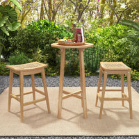 Tangkula Teak Wood Bar Stool, 29” Patio Rattan Barstool with Footrest & Saddle Seat