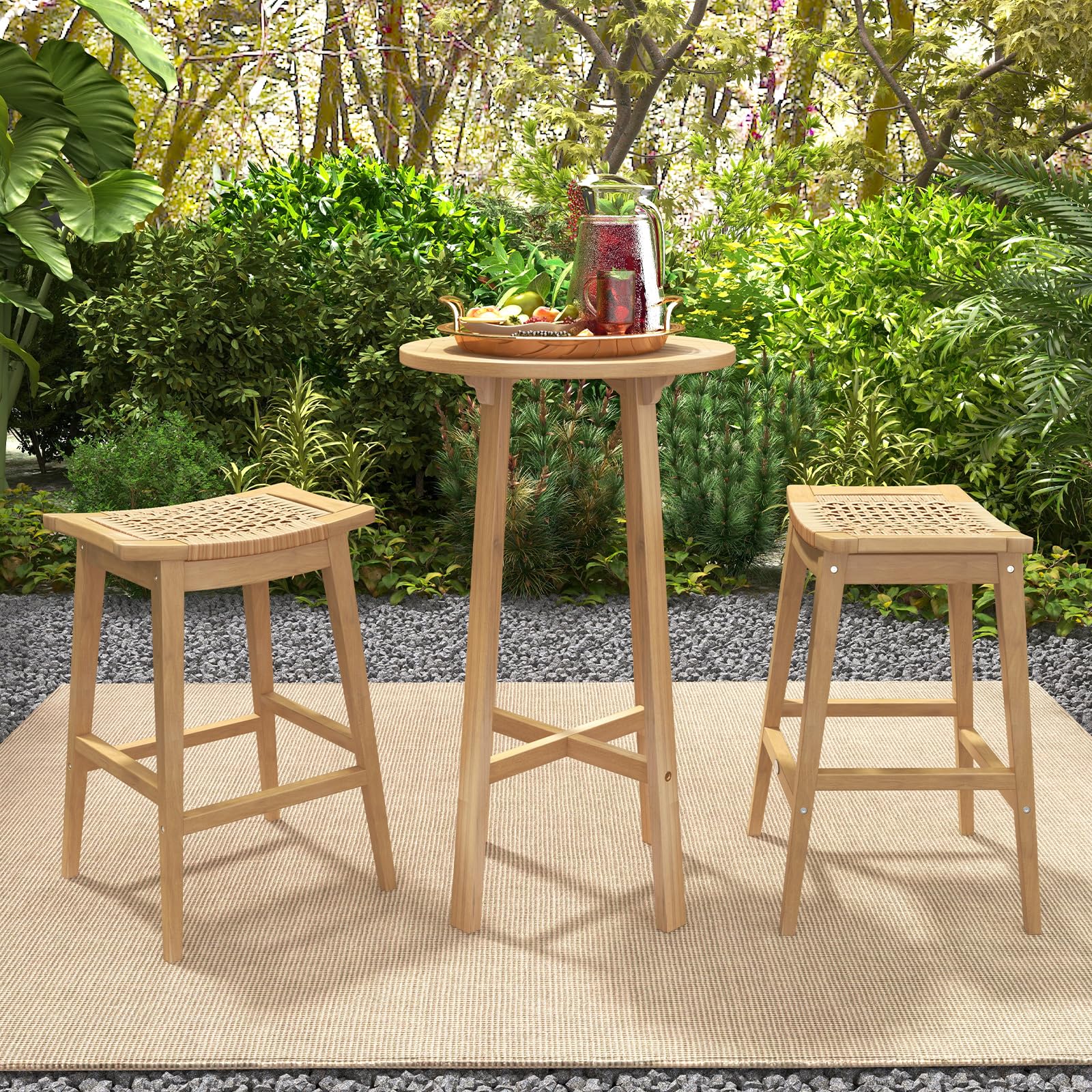 Tangkula Teak Wood Bar Stool, 29” Patio Rattan Barstool with Footrest & Saddle Seat