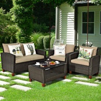 Tangkula Patio Rattan Furniture Set with Tempered Glass Coffee Table for Porch