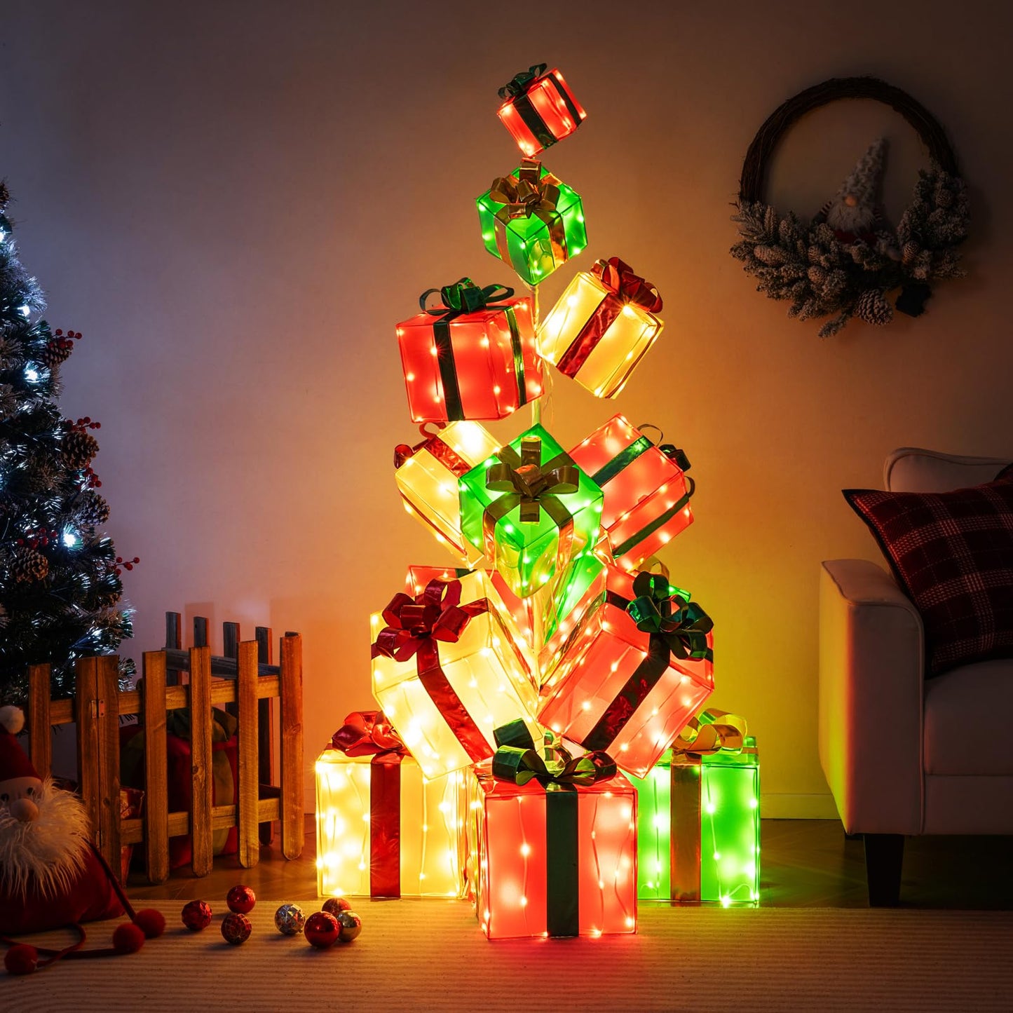 Tangkula Tour de cadeaux pré-éclairée de 1,70 m avec 15 boîtes de Noël lumineuses, nœud et 483 ampoules LED