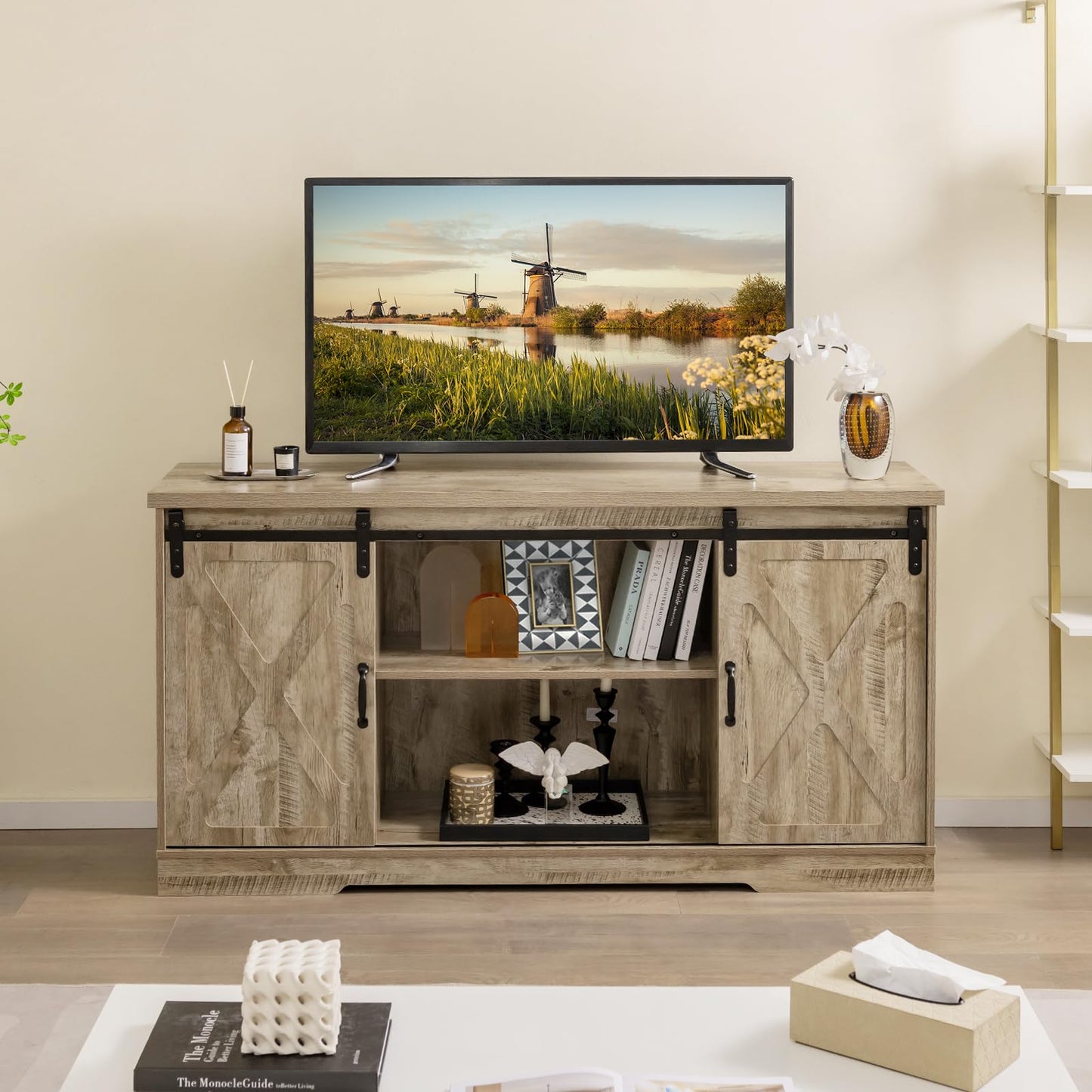 Tangkula Sliding Barn Door TV Stand for TVs up to 65”