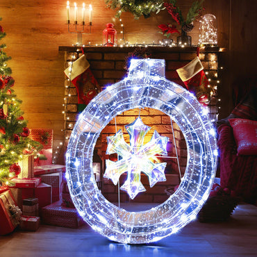 Tangkula 33 Inch Lighted Snowflake Christmas Wreath w/Hanging Ring & Support Bracket