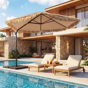 Tangkula 9.5ft Tiki Patio Umbrella with Base Included Offset Cantilever Thatched Outdoor