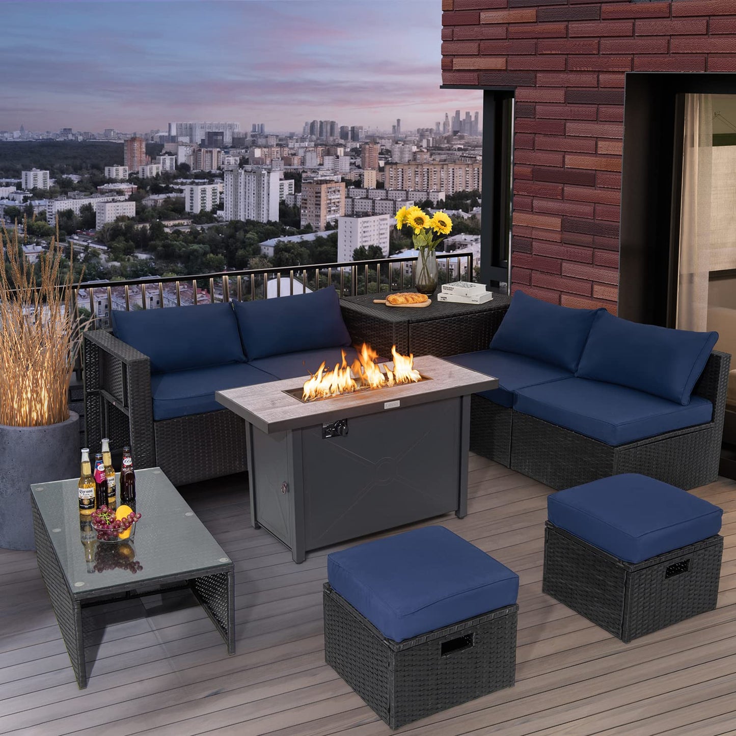 Tangkula 9 Pieces Outdoor Wicker Sectional Sofa with 42" 60,000 BTU Gas Fire Pit Table
