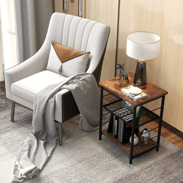 Tangkula Industrial End Table 3-Tier Side Table with Height Adjustable Metal Mesh Shelf