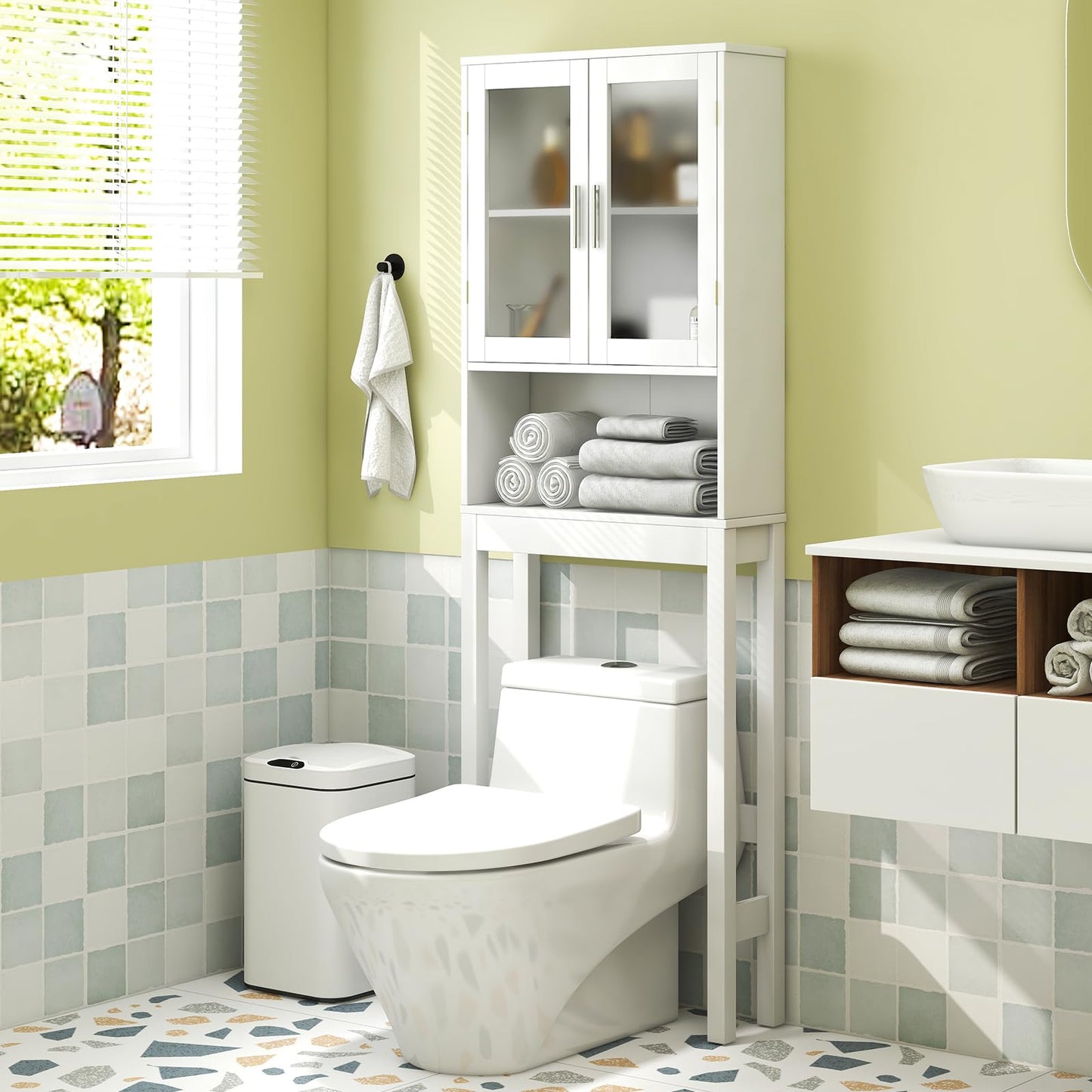 Tangkula Over The Toilet Storage Cabinet  w/Double Tempered Glass Doors