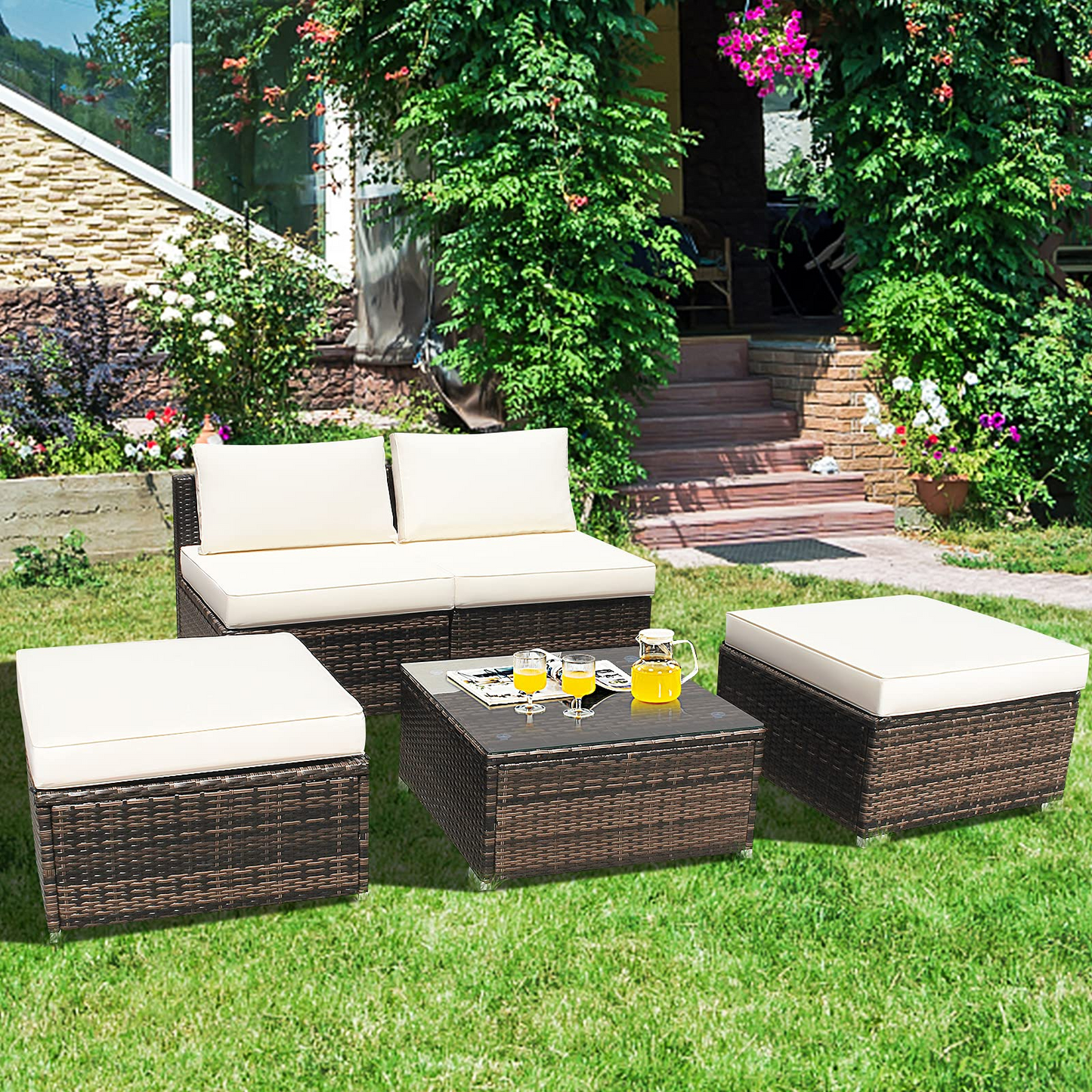 5 Piece Wicker Lounge Chair Set, with Tempered Glass Coffee Table