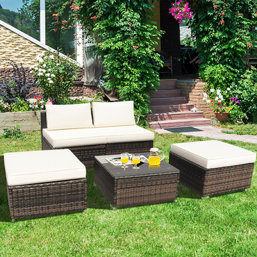 5 Piece Wicker Lounge Chair Set, with Tempered Glass Coffee Table