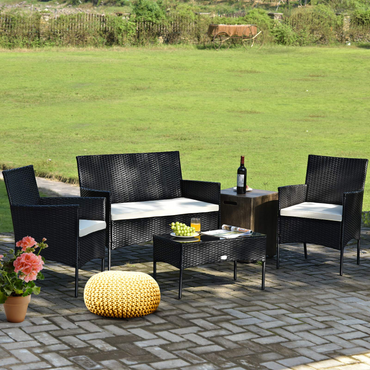 Tangkula Patio Furniture Set, Outdoor Wicker Conversation Set with Tempered Glass Coffee Table