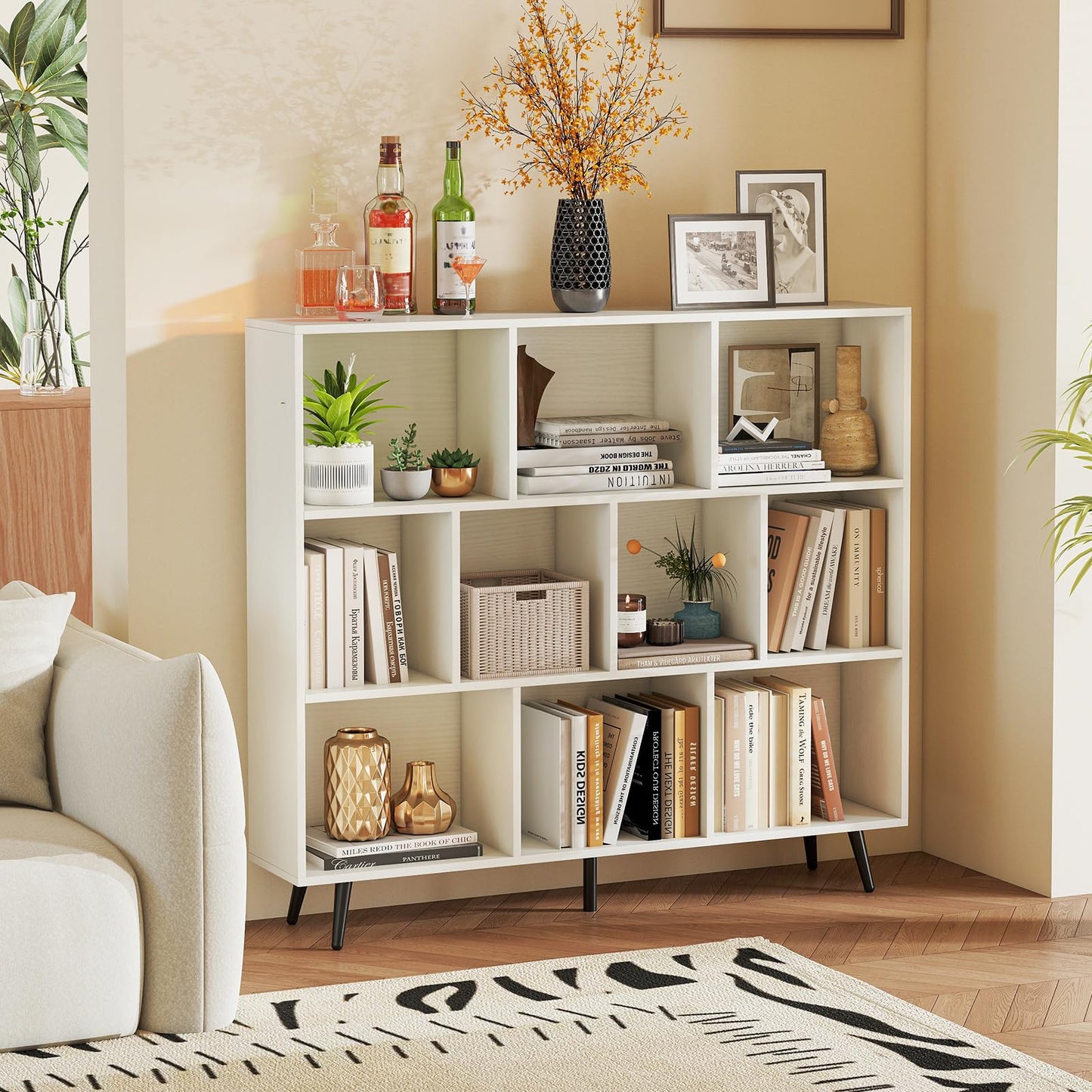 Tangkula 10-Cube Bookcase | Modern 47" L Storage Bookshelf with 5 Tapered Metal Legs & 2 Anti-Tip Kit
