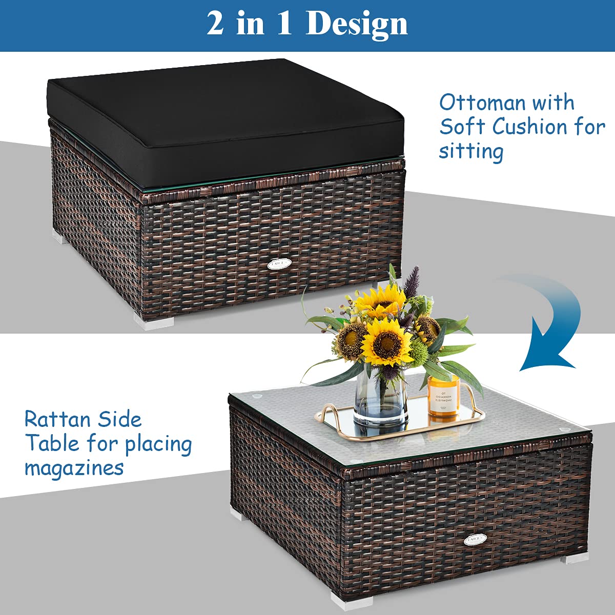 6 Pieces Patio Rattan Sectional Furniture Set, Outdoor Wicker Conversation Set with Glass Coffee Table Sofa Ottoman