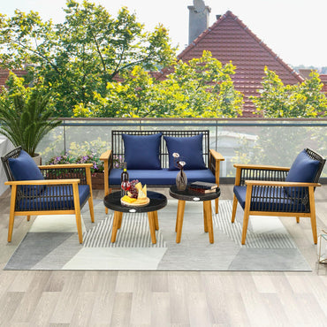 Tangkula 5 Piece Outdoor Conversation Set, Patiojoy Rattan Chair Set with 2 Coffee Tables, Stable Acacia Wood Frame