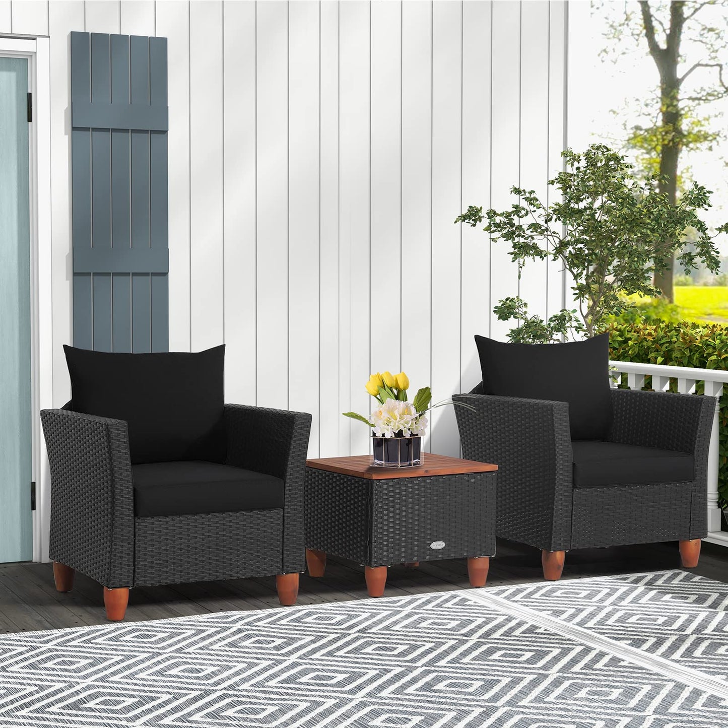 Tangkula 3 Pieces Patio Porch Furniture Set, PE Rattan Wicker Chair Conversation Set with Cushions and Storage Table