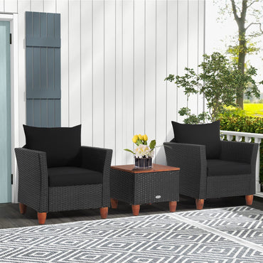 Tangkula 3 Pieces Patio Porch Furniture Set, PE Rattan Wicker Chair Conversation Set with Cushions and Storage Table