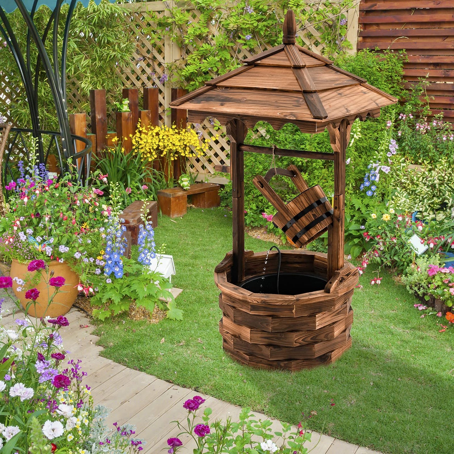 Fontaine en cascade en bois de style ancien Tangkula pour l'extérieur avec pompe à seau (22,5" x 22,5" x 48,5")