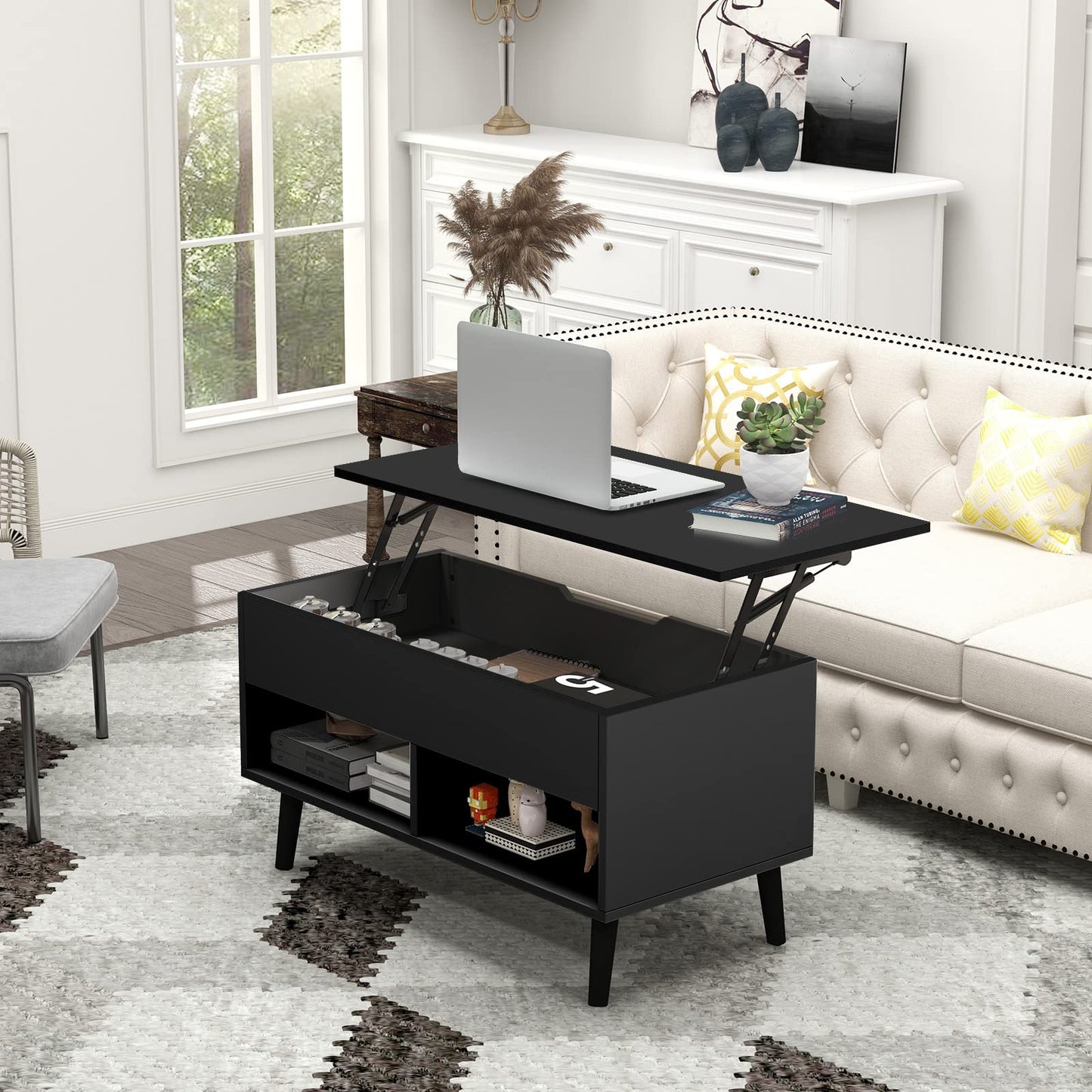 Tangkula Lift Top Coffee Table, Modern Cocktail Table with Hidden Compartment & 2 Open Shelves