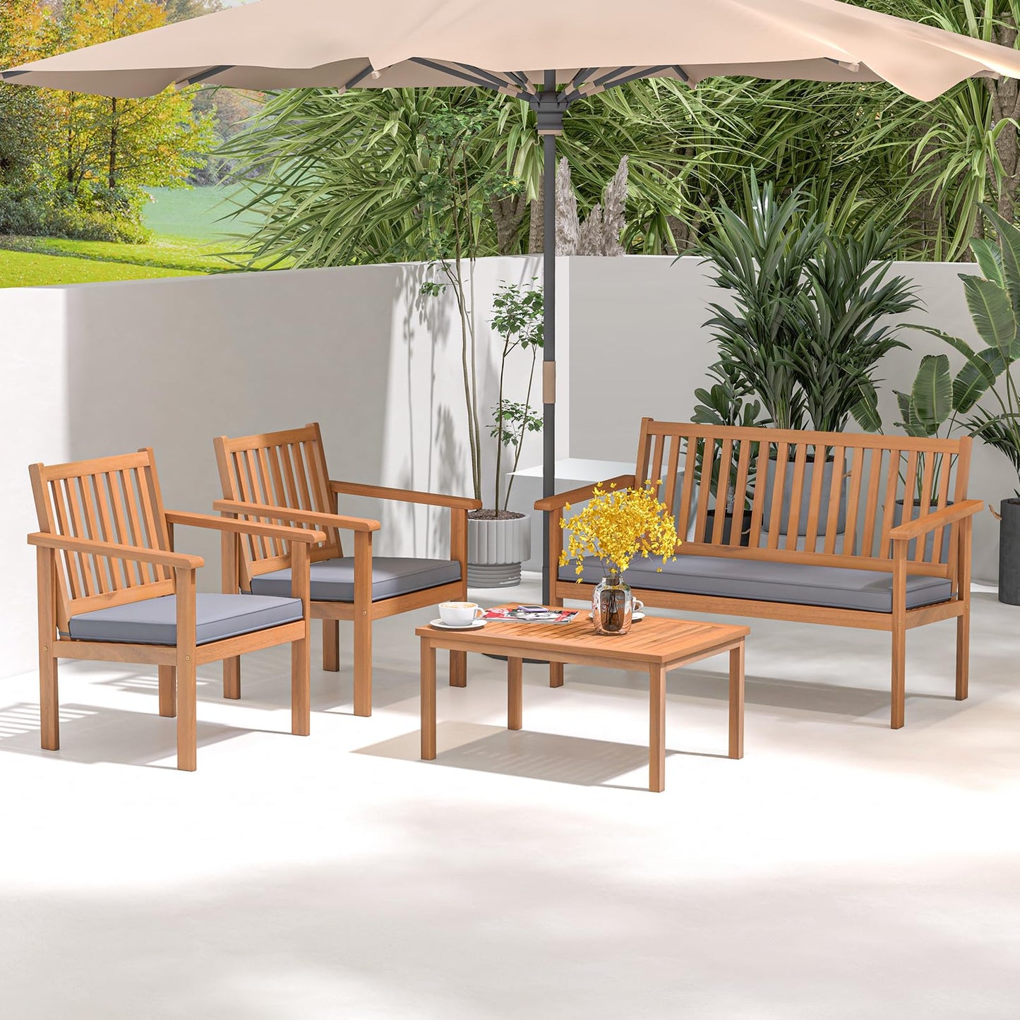 Tangkula 4 Piece Patio Wood Furniture Set, Acacia Wood Sofa Set w/Loveseat, 2 Chairs & Coffee Table