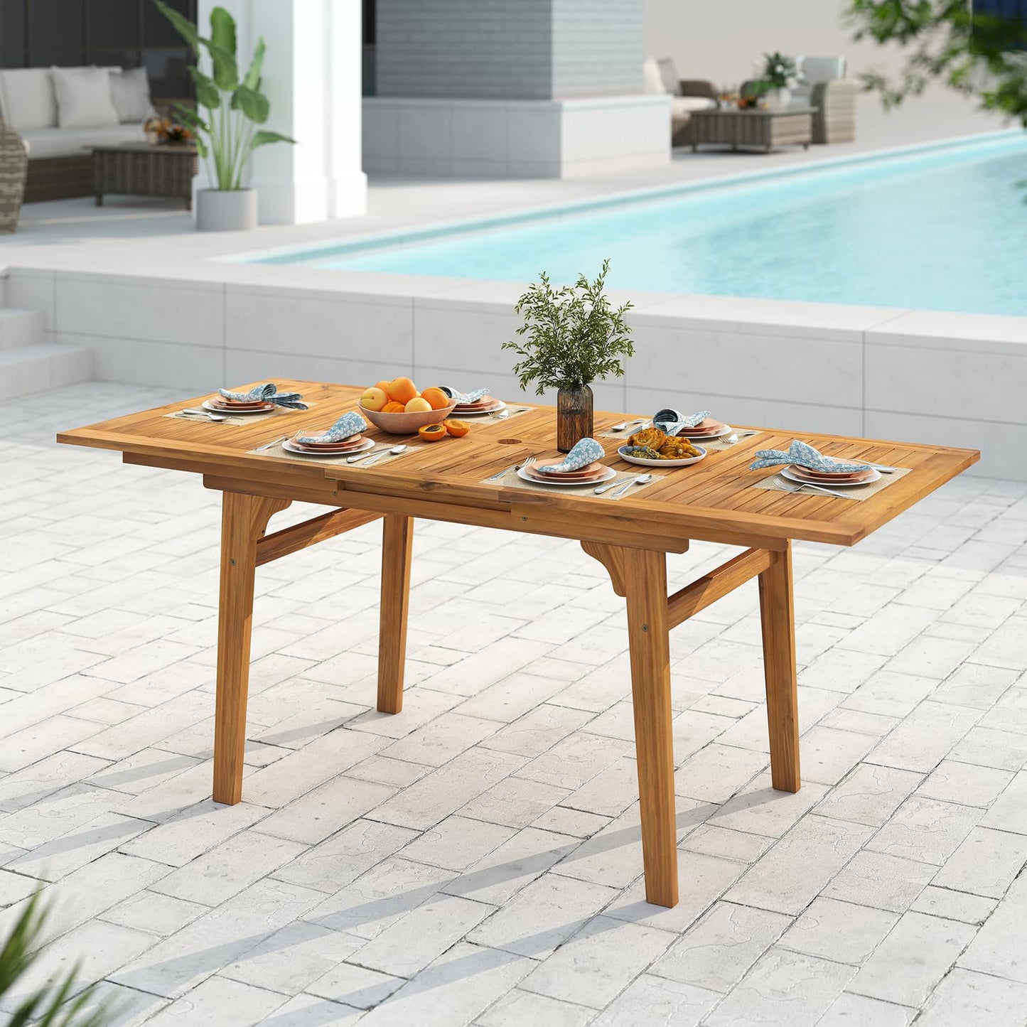 Tangkula Acacia Wood Patio Expandable Dining Table