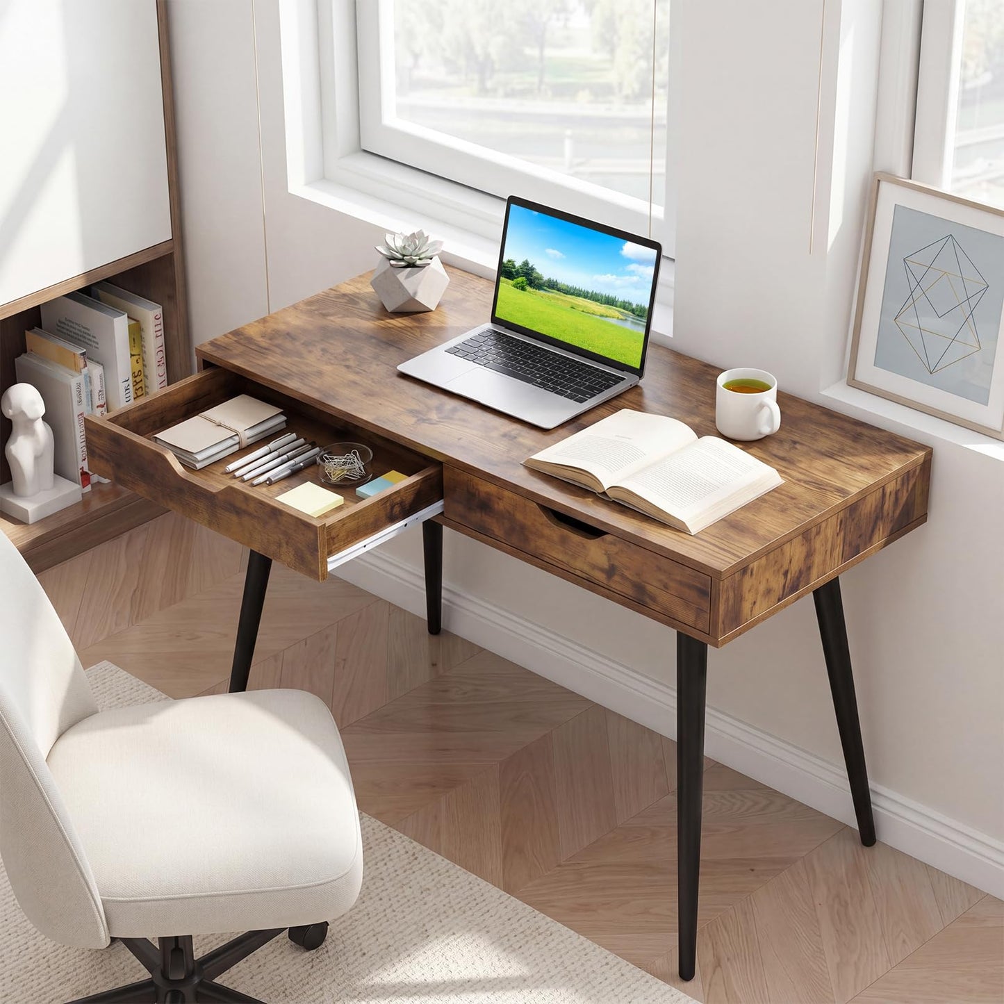Tangkula Writing Desk w/2 Storage Drawers & 4 Rubber Wood Legs