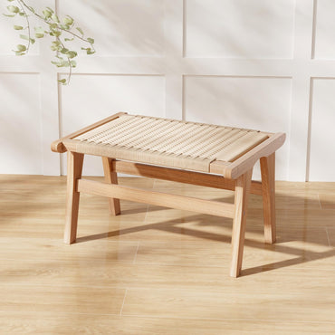 Tangkula Teak Wood Ottoman Footstool, Natural Teak Wooden Foot Rest with Braided Rope for Living Room Bedroom Office, 14" H, Indoor