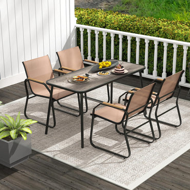 Tangkula 5 Pieces Patio Dining Sets | Outdoor Rectangular Dining Table & 4 Fabric Chairs with Wood-Like Armrests & Metal Frame