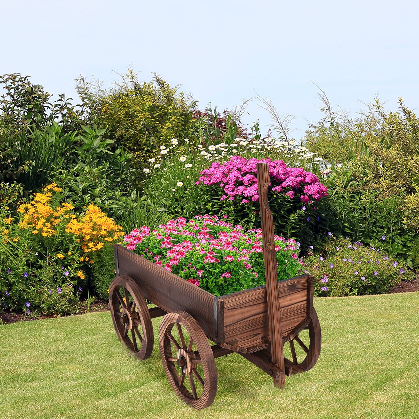 Tangkula Rustic Wooden Wagon Planter Box for Patio Garden Balcony (29.5" L x 17" W x 21" H)