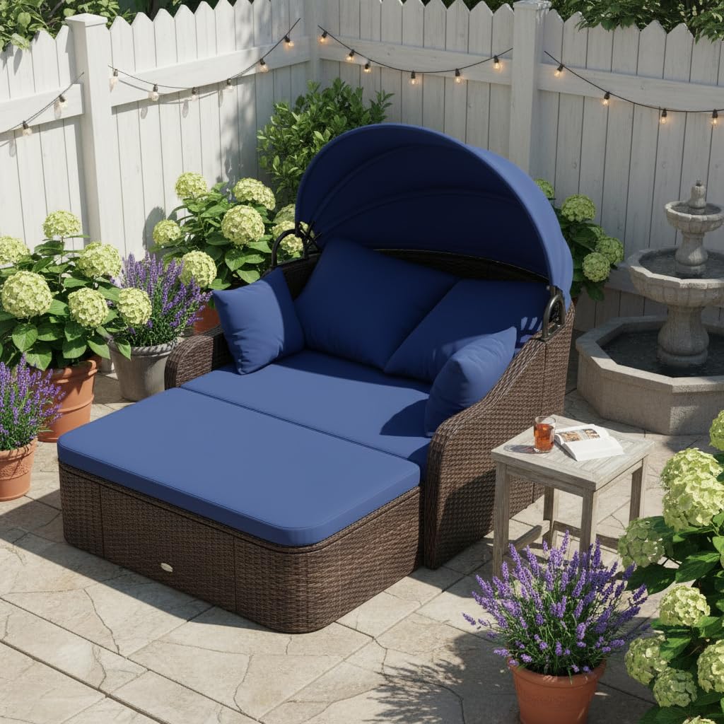 Tangkula PE Rattan Patio Daybed with Retractable Canopy