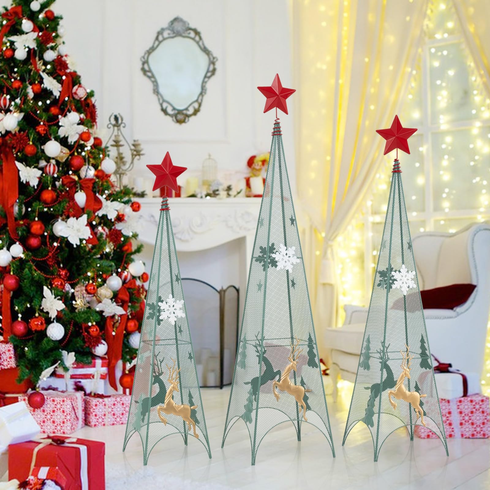 Tangkula 3 Sizes Tower Shaped Christmas Tree Decorations, Metal Xmas Decorative Trees with Reindeers