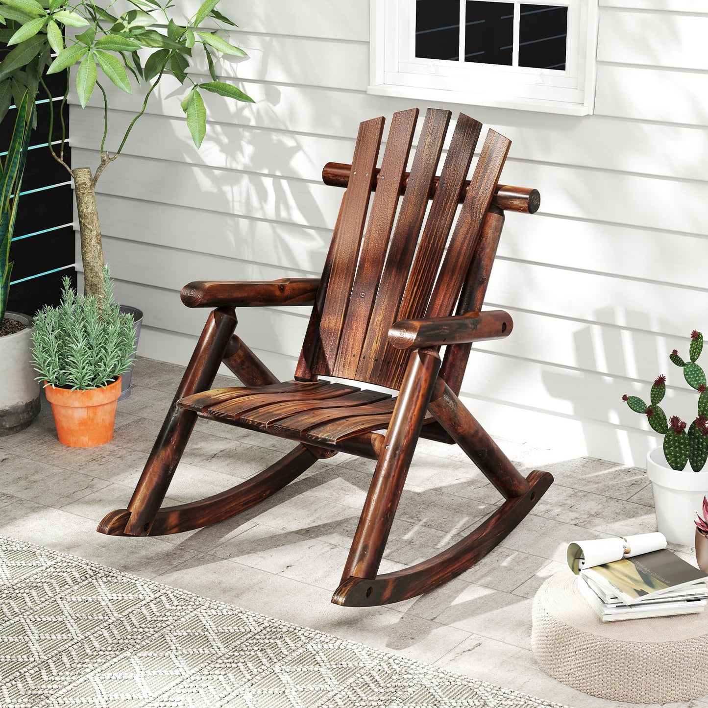 Tangkula Wood Rocking Chair Outside Adirondack Rocker with High Back and Slatted Seat