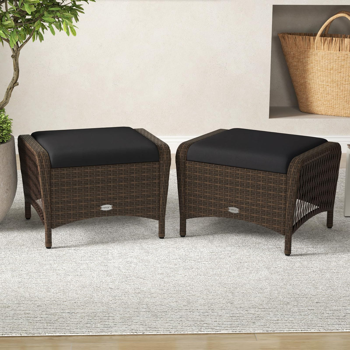 Tangkula 2 Pieces Patio Wicker Ottomans with Removable Cushions