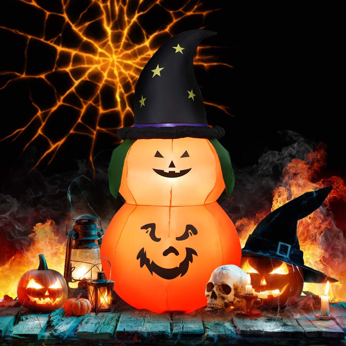 Tangkula 5 Ft Halloween Inflatable Pumpkin with Witch Hat